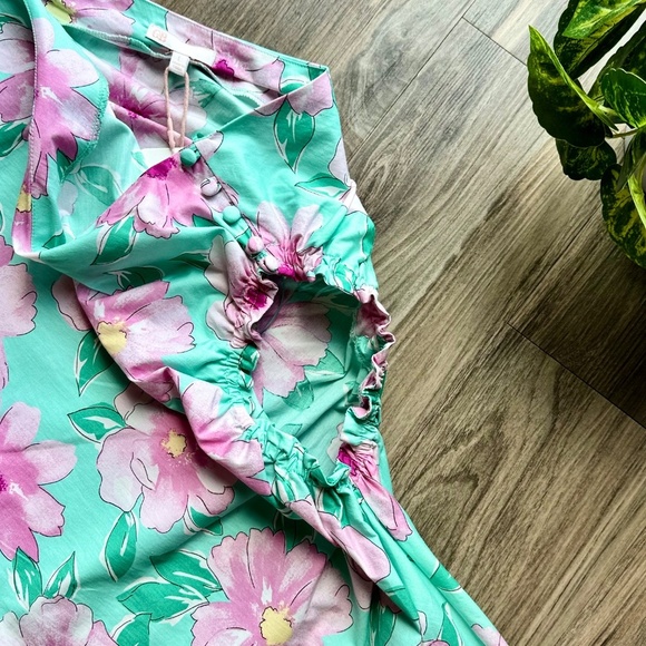 NWT GB Gianni Bini One Shoulder Floral Mini Dress Aqua Pink Side Cut Out  Size L - Picture 10 of 13